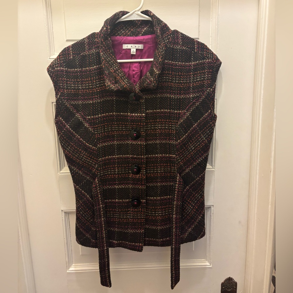 CAbi Tweed Vest Women Size Large Multicolor Plaid Button Up Belted Lined‎